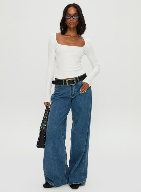 back view of model wearing Princess Polly Baseline Rib Long Sleeve Top White Full Sleeves Scoop Neck 