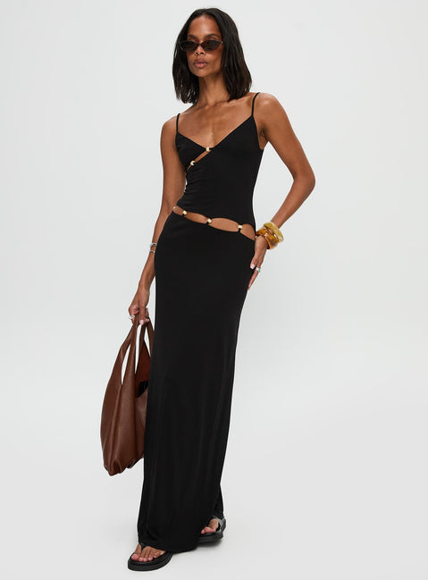 front view of model wearing Princess Polly Allspice Beaded Maxi Dress Black Plunger 