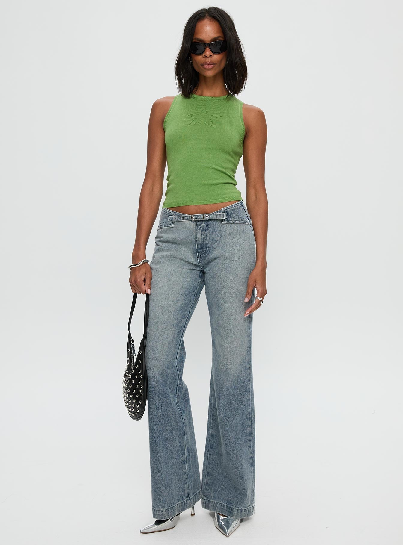 front view of model wearing Princess Polly Slow Ride Belted Jeans Light Blue Mid Rise 