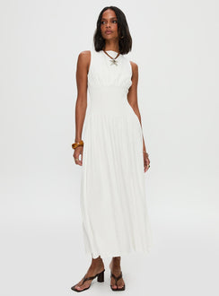 front view of model wearing Princess Polly Lilienne Shirred Maxi Dress White Crew Neck 