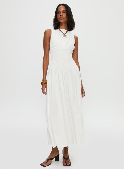 front view of model wearing Princess Polly Lilienne Shirred Maxi Dress White Crew Neck 