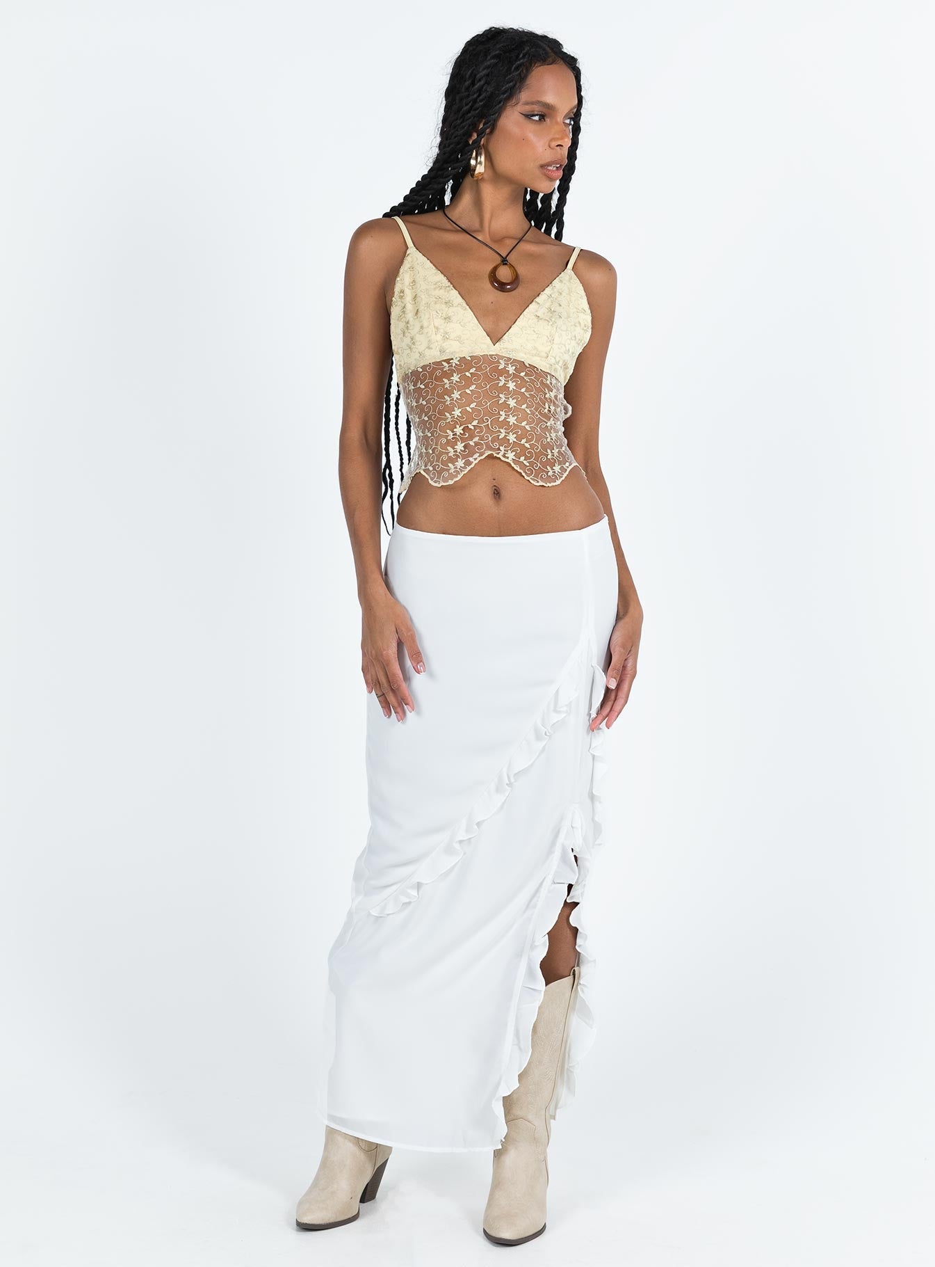 front view of model wearing Princess Polly Cecelia Embroidery Top Gold Sleeveless V-Neck 