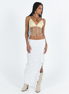 front view of model wearing Princess Polly Cecelia Embroidery Top Gold Sleeveless V-Neck 