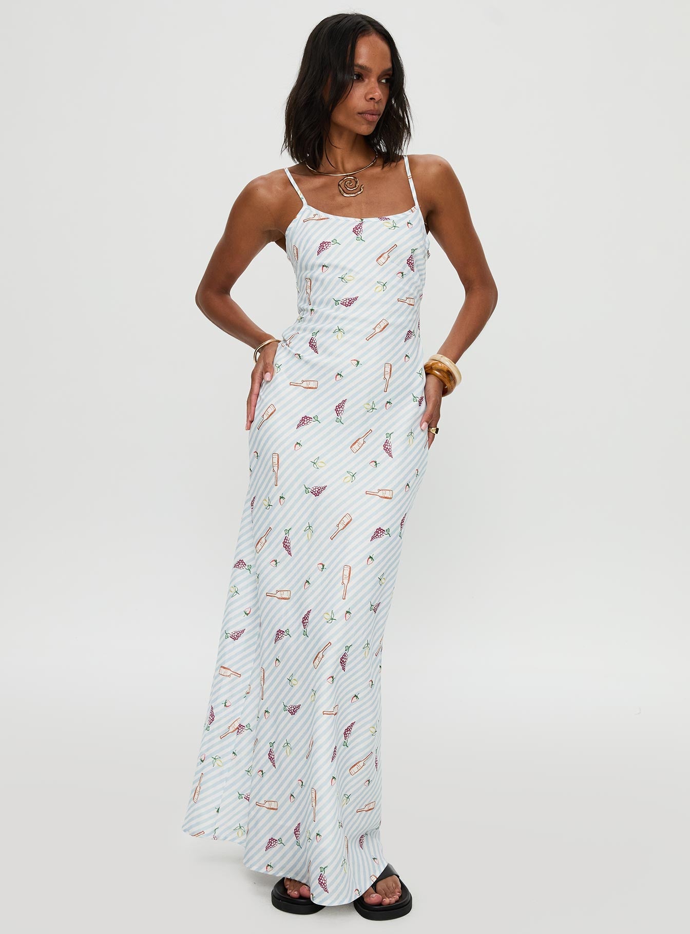 side view of model wearing Princess Polly Charcuterie Maxi Dress Blue Scoop Neck 