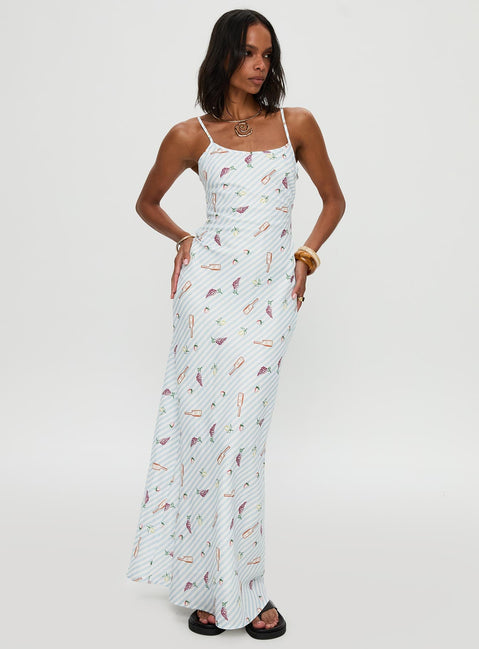 side view of model wearing Princess Polly Charcuterie Maxi Dress Blue Scoop Neck 