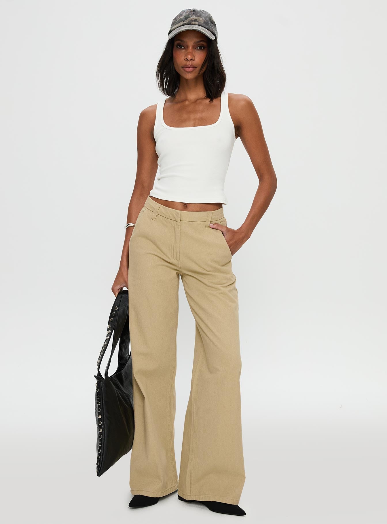 front view of model wearing Princess Polly Latitude Wide Leg Pant Beige High Waisted 