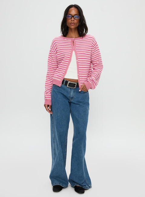 side view of model wearing Princess Polly Heavenly Dream Cardigan Pink Stripe Cropped 