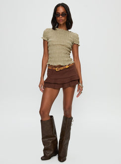 front view of model wearing Princess Polly Romelle Shirred Top Green / Brown Plaid Short Sleeves Crew Neck 