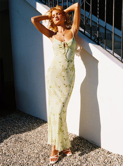 front view of model wearing Princess Polly Lauraline Maxi Dress Green / Floral Plunger 