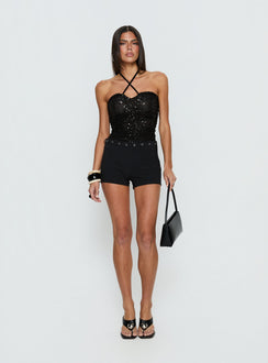 Edana Ruched Sequin Bodysuit Black