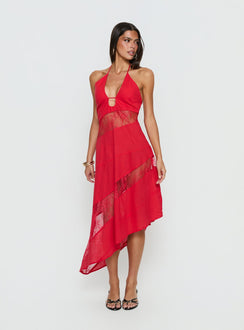 Down With Love Asymmetrical Midi Dress Red