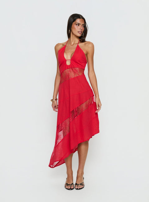 Down With Love Asymmetrical Midi Dress Red