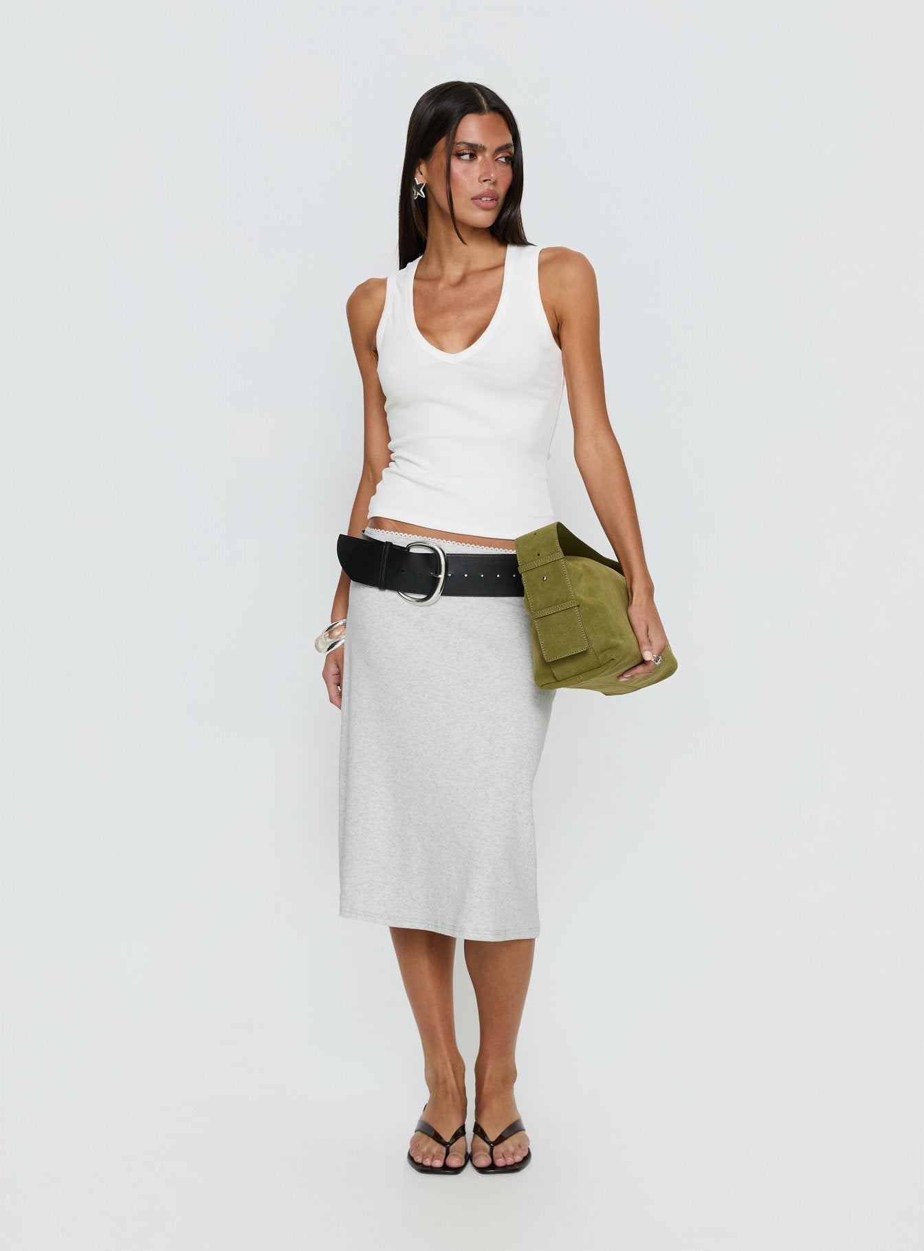   front view of model wearing Princess Polly Baseline Rib Midi Skirt Grey Marle Midi Skirts 