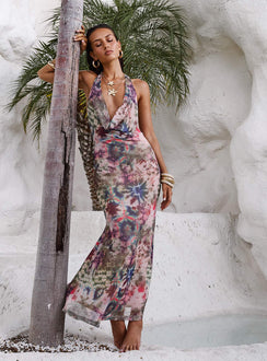 front view of model wearing Princess Polly Cassiday Halter Maxi Dress Multi Plunger 