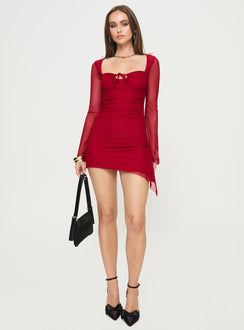 Long sleeve mini dress Mesh material, sweetheart neckline, key hole cut out at bust, ruching detail Good stretch, fully lined  Princess Polly Lower Impact 