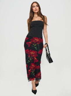 Maxi skirt Floral print, mesh material, elasticated waistband, curved hem Good stretch, fully lined  Princess Polly Lower Impact 