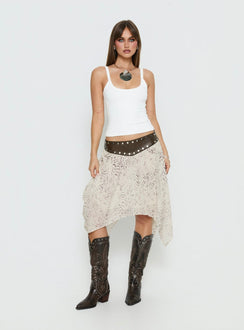   side view of model wearing Princess Polly Dark Mirage Asymmetrical Midi Skirt Multi Midi Skirts 