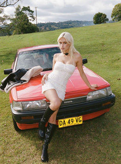 Front view of model wearing  front Princess Polly Crew Neck  Isebel Lace Mini Dress White