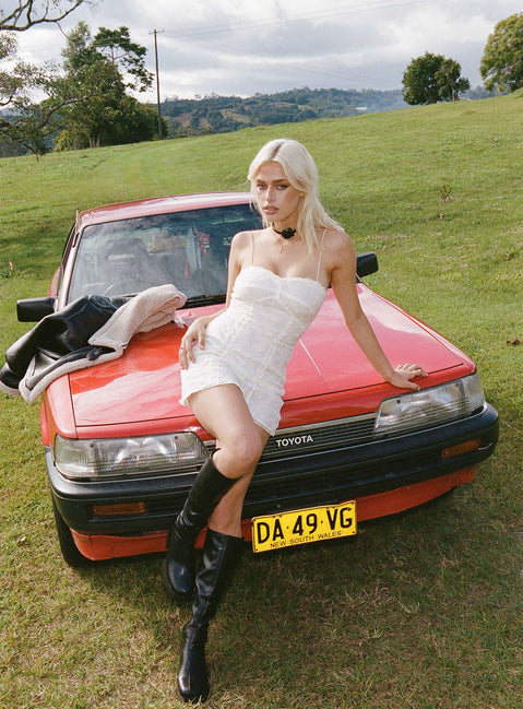 Front view of model wearing  front Princess Polly Crew Neck  Isebel Lace Mini Dress White