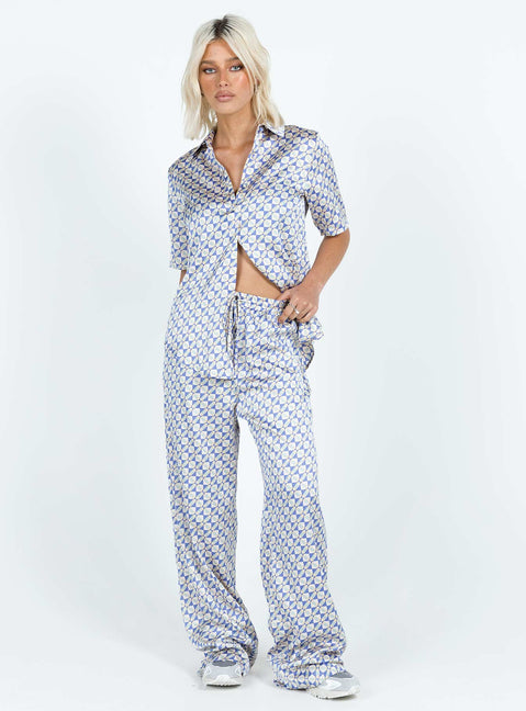 front view of model wearing Princess Polly Golda Pant Blues Geo High Waisted Pants 