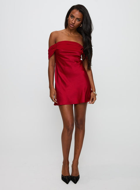 side view of model wearing Princess Polly Adoration Mini Dress Red Straight Neck 