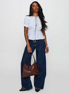 front view of model wearing Princess Polly Alistair Bow Tie Top Blue / White Stripe Short Sleeves Crew Neck 