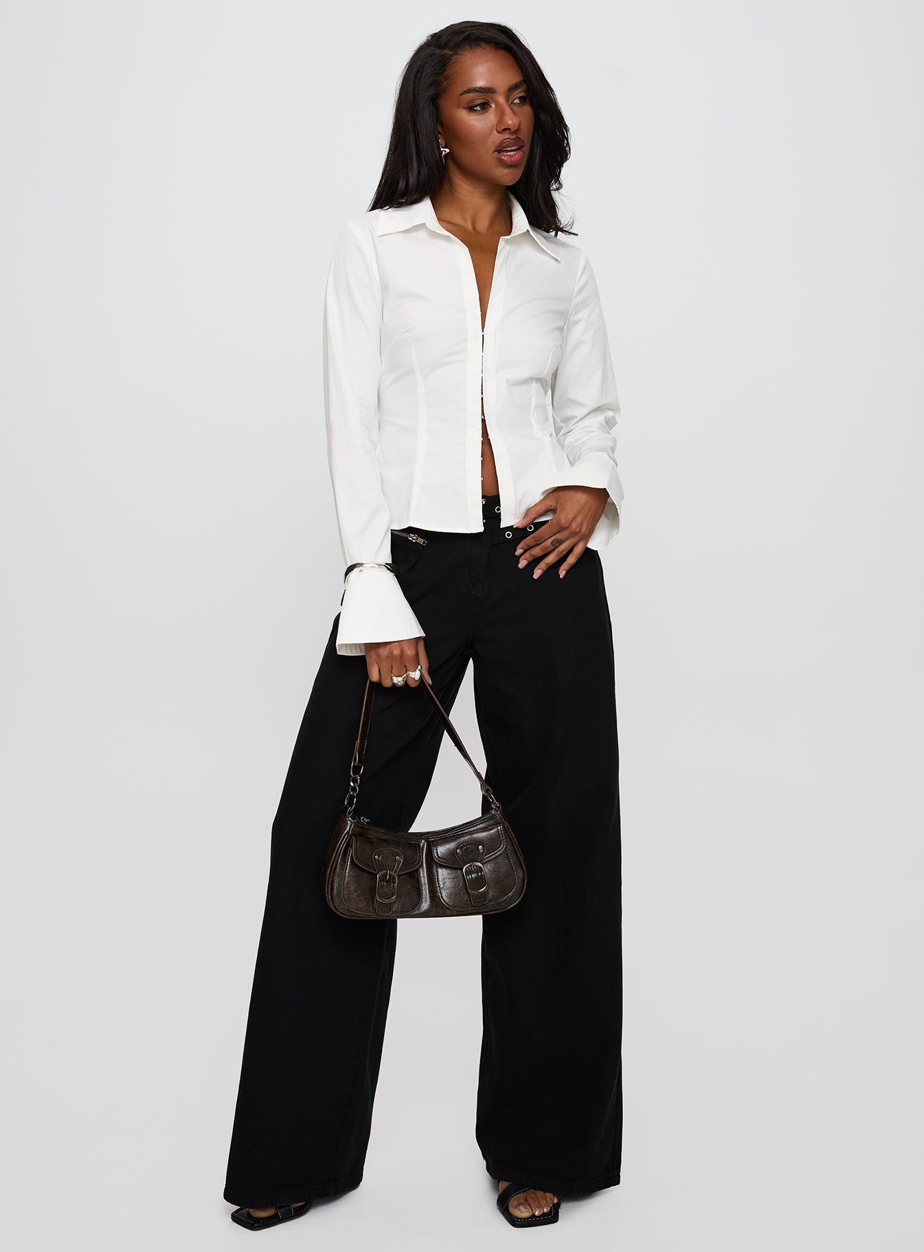 By The Phone Long Sleeve Collared Top White