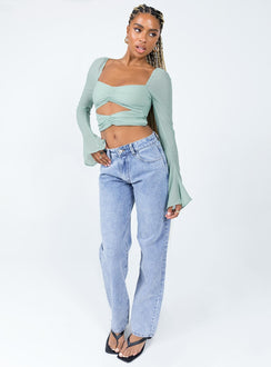 front view of model wearing Princess Polly Dumont Long Sleeve Top Blue Full Sleeves Square Neck 