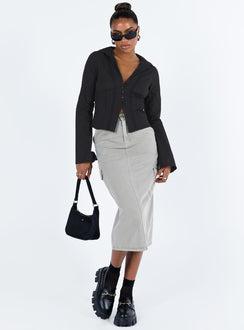 Shirt V neckline Classic collar Slight ruching at bust Button fastening at front Knitted lace detail Flared cuff