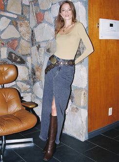 Front view of model wearing  front Batkins Maxi Skirt Dark Wash Denim Tall Princess Polly  