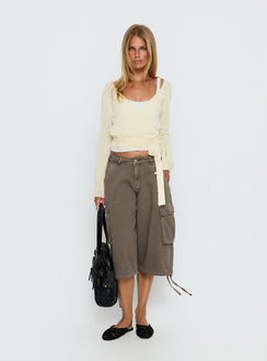 back view of model wearing Princess Polly Tonee Sheer Wrap Knit Cardigan Butter Cream cropped 