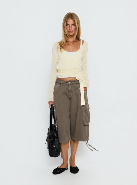 back view of model wearing Princess Polly Tonee Sheer Wrap Knit Cardigan Butter Cream cropped 