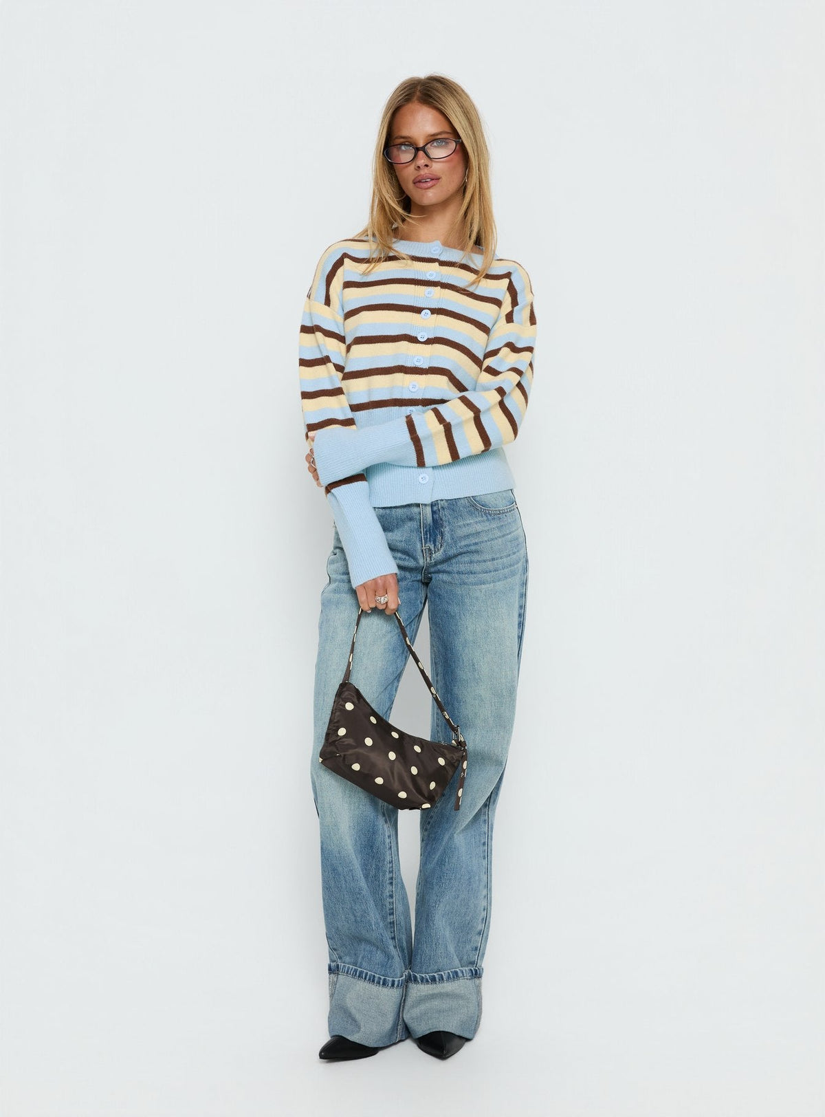 back view of model wearing Princess Polly Rhitta Button Down Cardigan Multi Stripe Jumpers 
