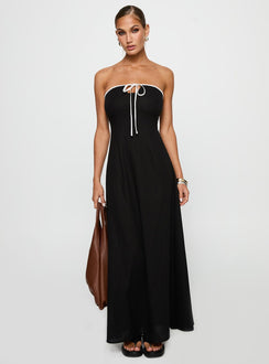 side view of model wearing Princess Polly Bijou Strapless Maxi Dress Black Straight Neck 