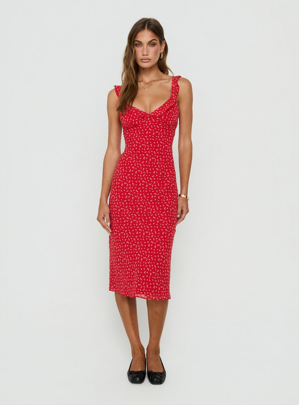 Lozie Frill V Neck Midi Dress Red Floral