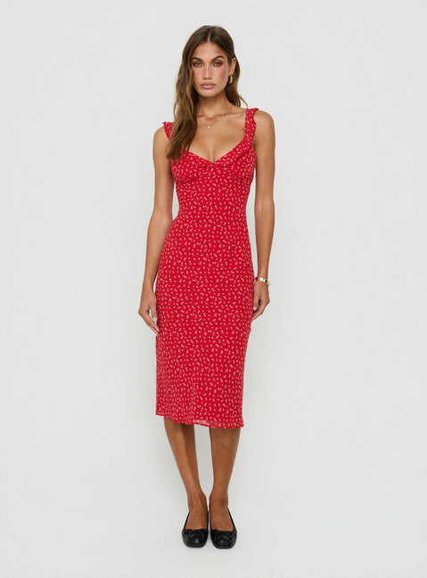 Lozie Frill V Neck Midi Dress Red Floral