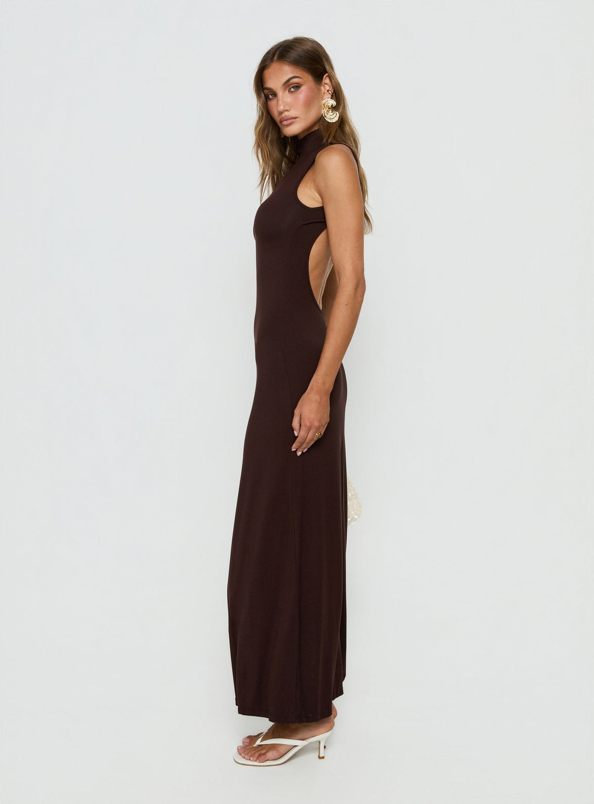 Elsi Funnel Neck Cutout Maxi Dress Brown