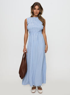 Fables Shirred Maxi Dress Blue Gingham