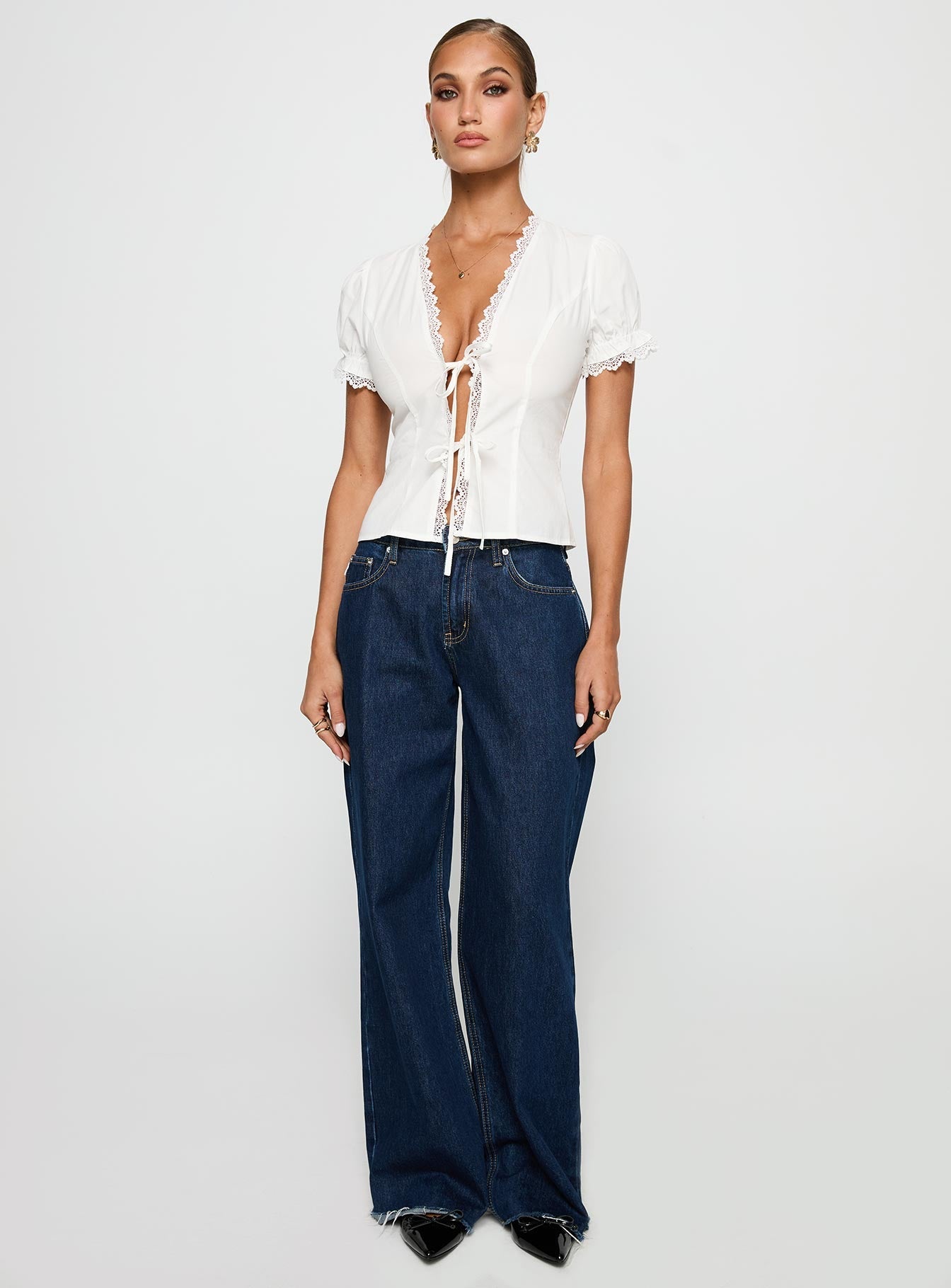 Abundance Tie Up Lace Trim Top White