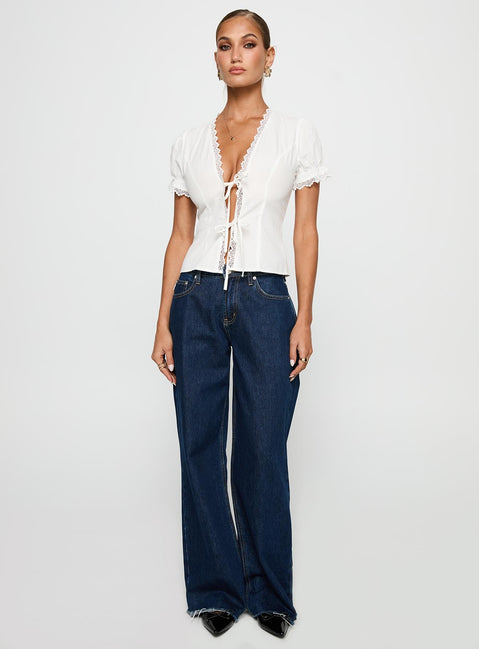 Abundance Tie Up Lace Trim Top White