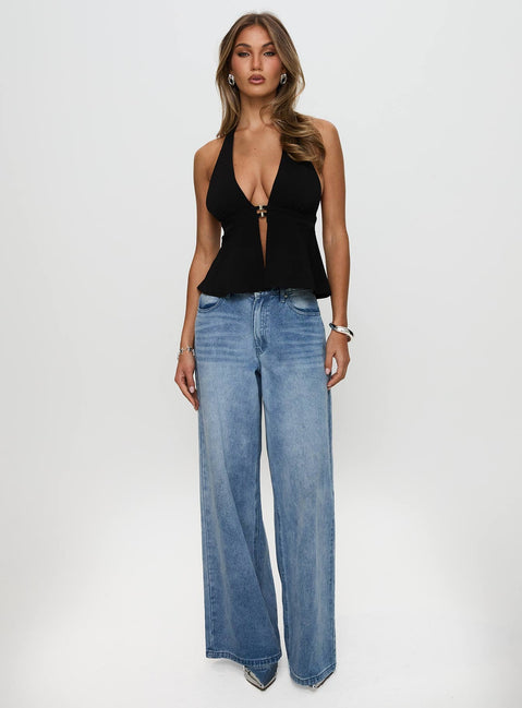 back view of model wearing Princess Polly Brealle Halter Top Black Sleeveless Plunger 