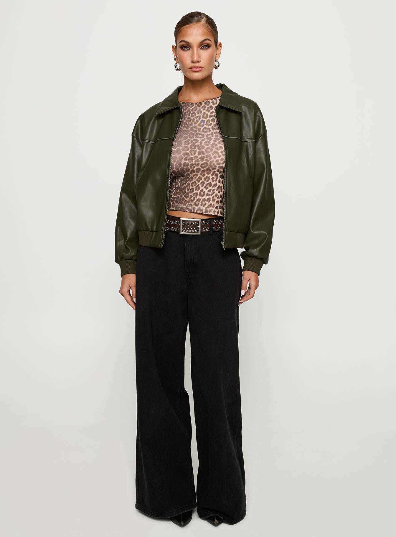 Uncover Faux Leather Bomber Jacket Dark Green