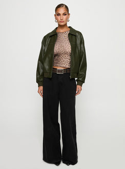 Uncover Faux Leather Bomber Jacket Dark Green