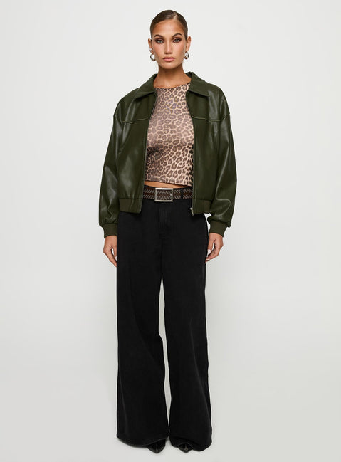 Uncover Faux Leather Bomber Jacket Dark Green
