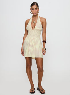 front view of model wearing Princess Polly Alivea Shirred Mini Dress Cream Plunger 