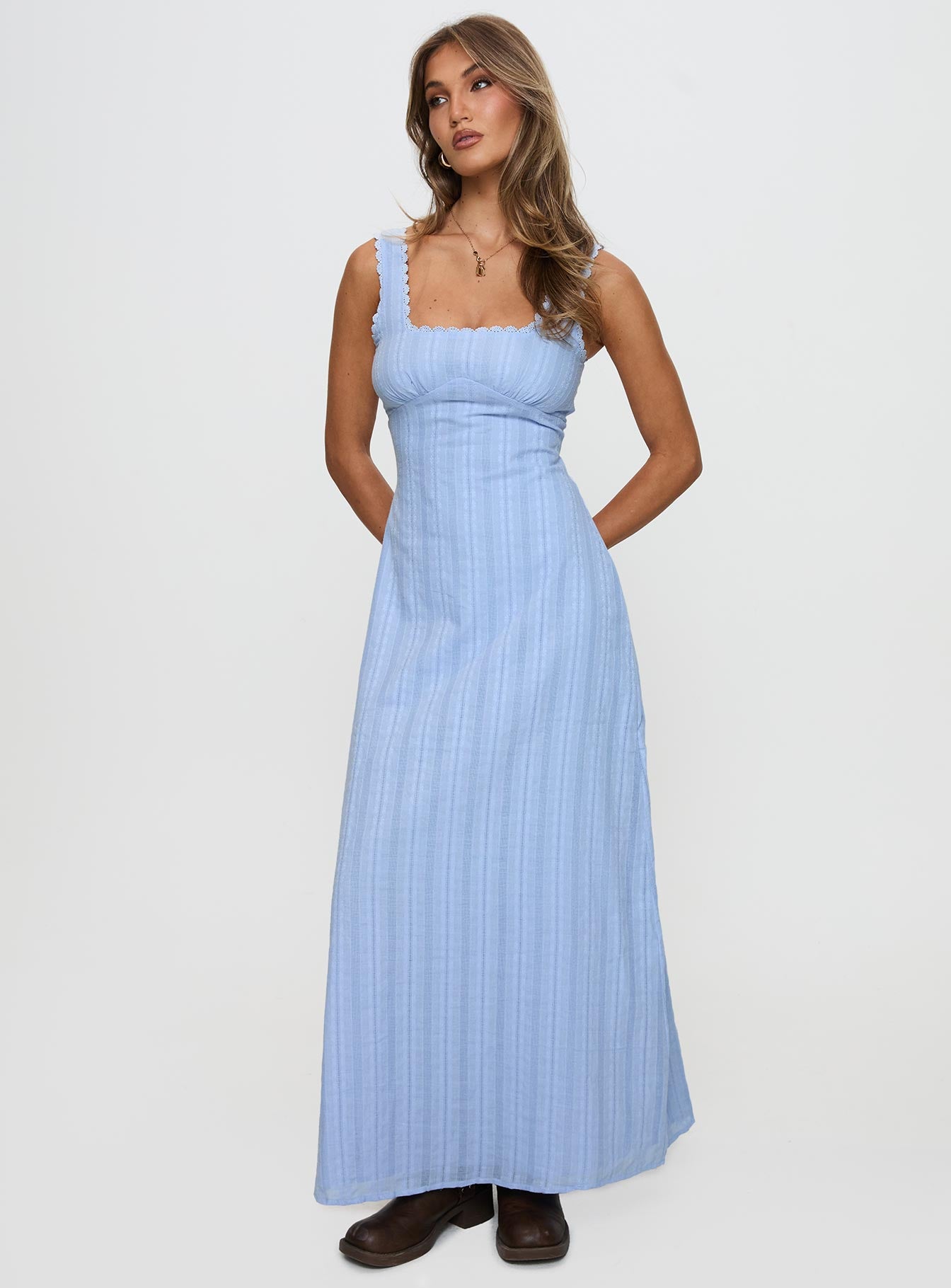 front view of model wearing Princess Polly Dasha Maxi Dress Blue Square Neck 