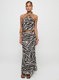 front view of model wearing Princess Polly Eleganza Top Zebra Sleeveless Cowl 