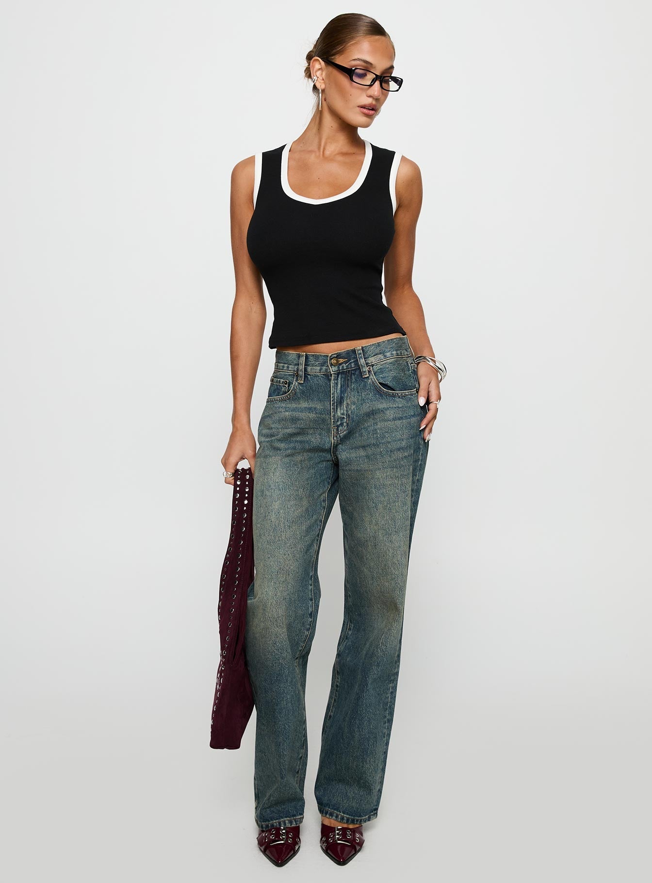 front view of model wearing Princess Polly Start Me Up Top Black / White Sleeveless Scoop Neck 