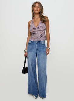 back view of model wearing Princess Polly So Feminine Halter Plunge Neck Top Multi Sleeveless Cowl 