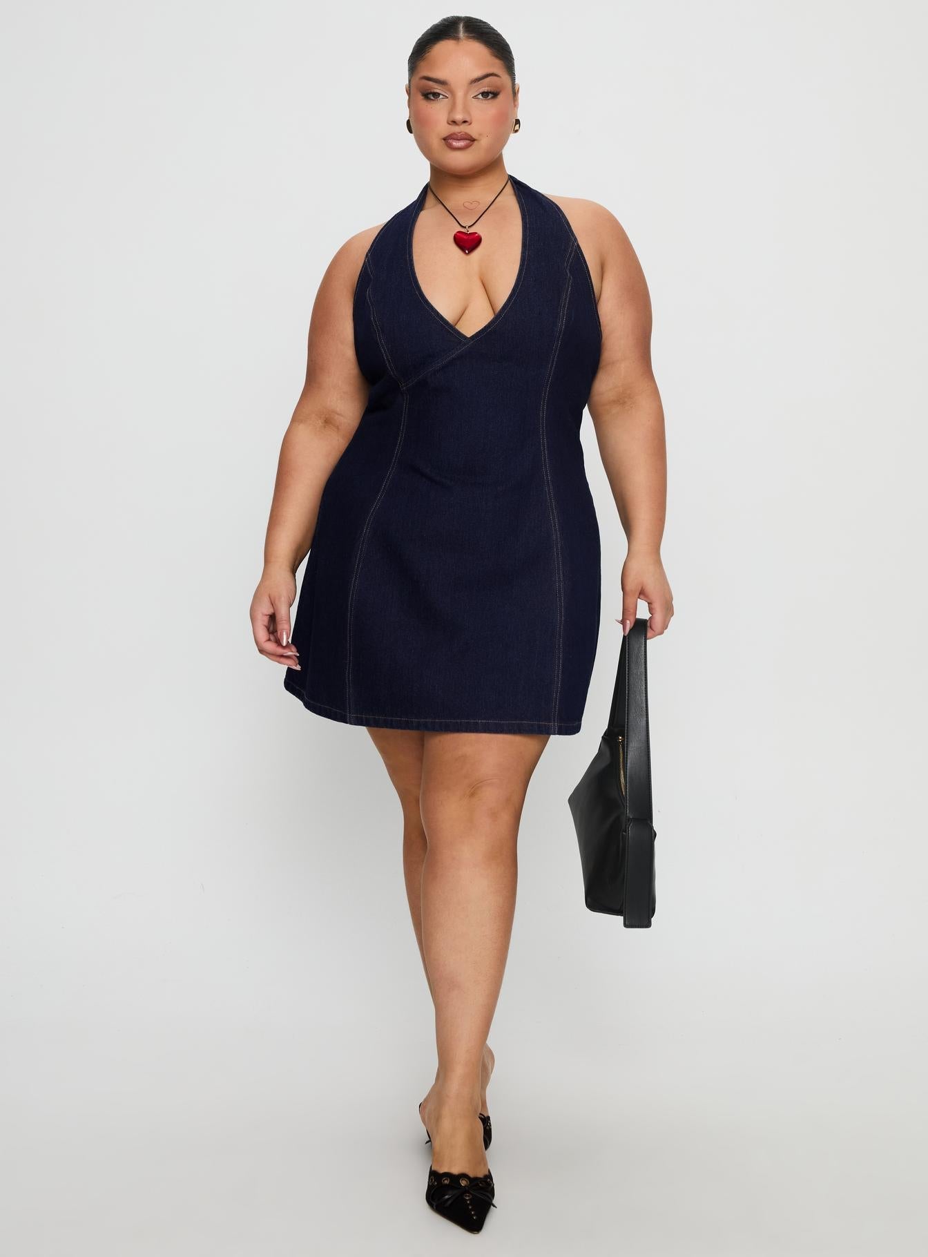 Say Goodnight Denim Halter Mini Dress Mid Wash Curve Say Goodnight Denim Halter Mini Dress Mid Wash Curve